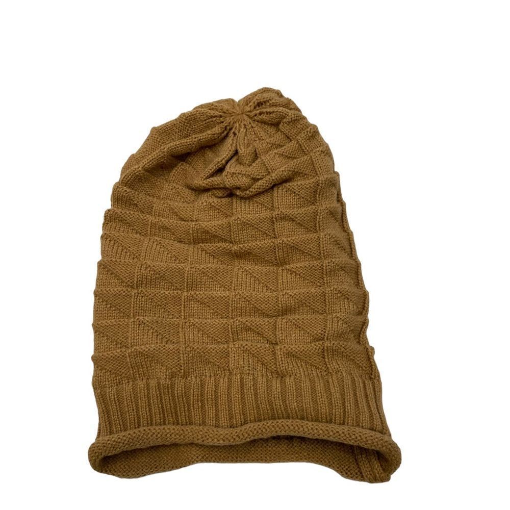 Izzy & Liv Satin Lined Oversized Tan Knit Beanie Hat One Size‎